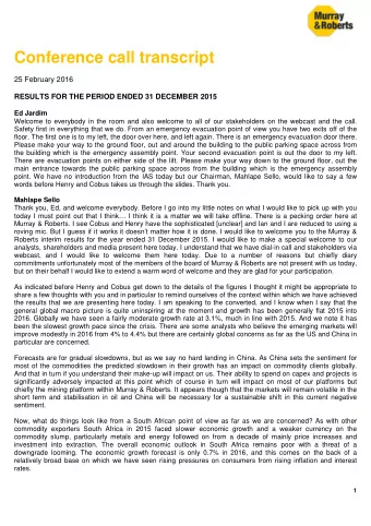 Conference call transcript  25 February 2016  RESULTS FOR THE PERIOD ENDED 31 DECEMBER 2015  Ed