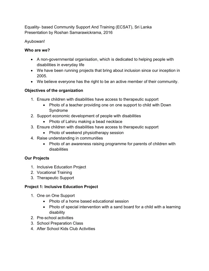 equality based community support and training ecsat sri