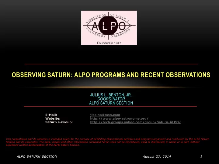 julius l benton jr coordinator alpo saturn section e mail