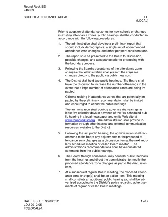 Round Rock ISD  246909  SCHOOL ATTENDANCE AREAS  FC  (LOCAL)  Prior to adoption of attendance zones
