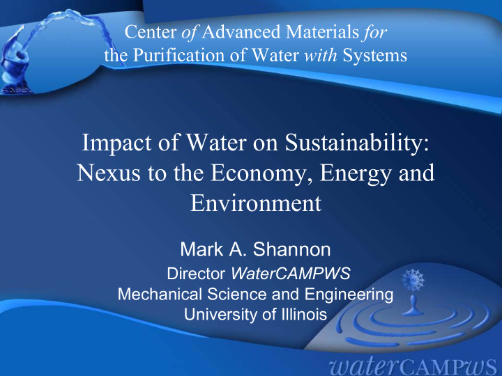 impact of water on sustainability nexus to the economy