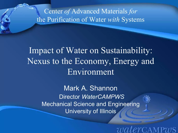 impact of water on sustainability nexus to the economy