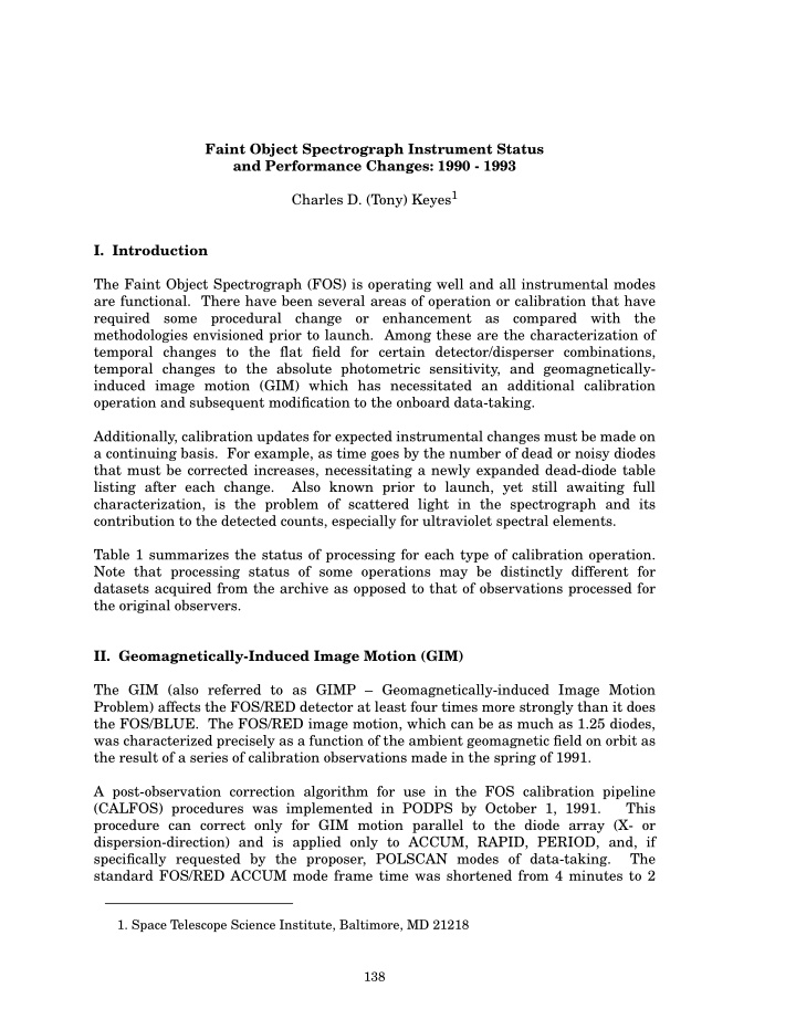 faint object spectrograph instrument status and