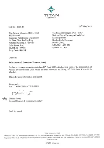 TITAN  COMP/\NY  SEC 09 / 2019-20 The General Manager, DCS - CRD The General Manager, DCS -