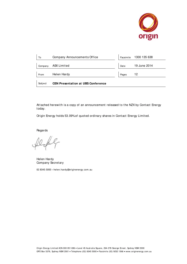 company announcements office facsimile 1300 135 638 to as