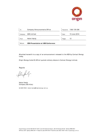 Company Announcements Office Facsimile 1300 135 638  To  AS  X Limited  19 June 2014  Company  Date
