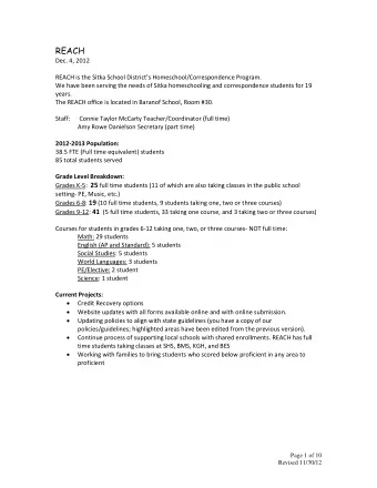 REACH  Dec. 4, 2012 REACH is the Sitka School Districts Homeschool/Correspondence Program.  We