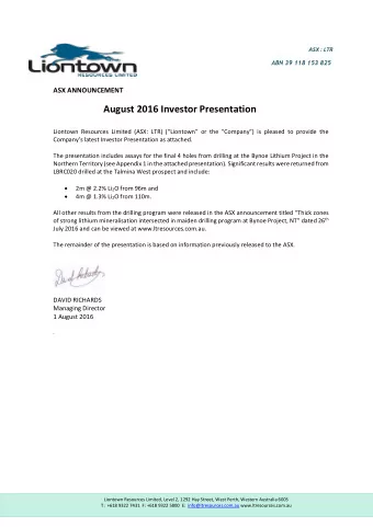 August 2016 Investor Presentation  Liontown Resources Limited (ASX: LTR) (Liontown or the