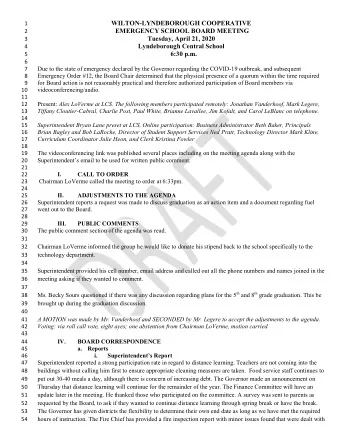 WILTON-LYNDEBOROUGH COOPERATIVE 1  EMERGENCY SCHOOL BOARD MEETING 2  Tuesday, April 21, 2020 3