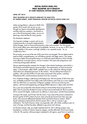 ROYAL DUTCH SHELL PLC  FIRST QUARTER 2014 RESULTS BY CHIEF FINANCIAL OFFICER SIMON HENRY APRIL 30