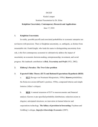 INCEIF  Kuala Lumpur  Seminar Presentation by Dr. Erbas  Knightian Uncertainty, Contemporary