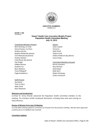 GOVERNOR Hawaii Health Care Innovation Models Project  Population Health Committee Meeting  July
