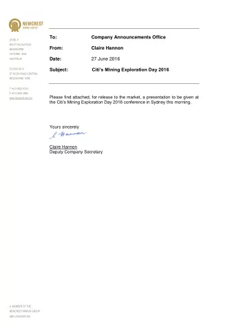 To:  Company Announcements Office  LEVEL 9  600 ST KILDA ROAD  From:  Claire Hannon  MELBOURNE