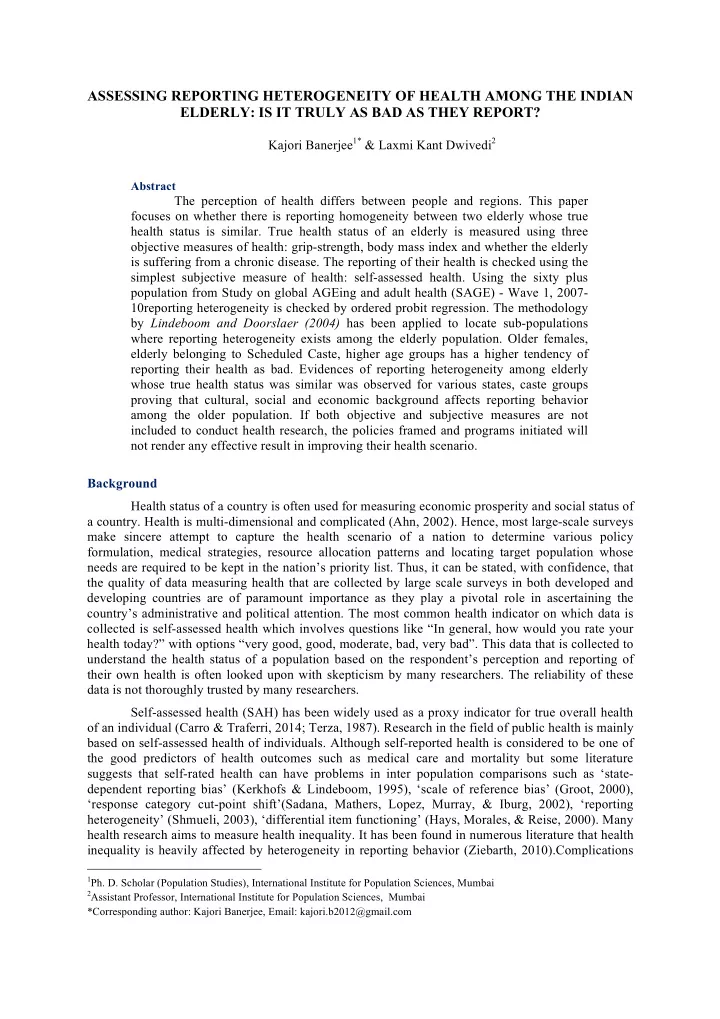 assessing reporting heterogeneity of health among the
