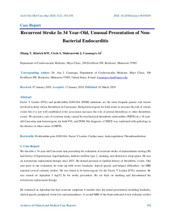 Recurrent Stroke In 34 Year-Old, Unusual Presentation of Non- Bacterial Endocarditis Zhang Y,
