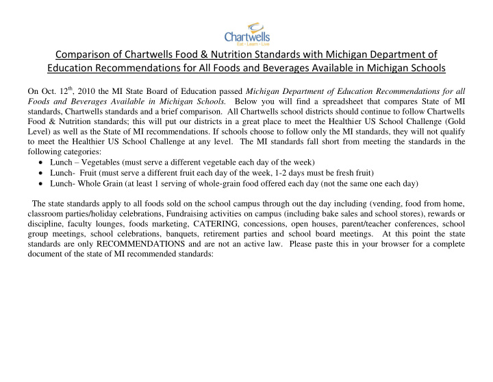 comparison of chartwells food amp nutrition standards