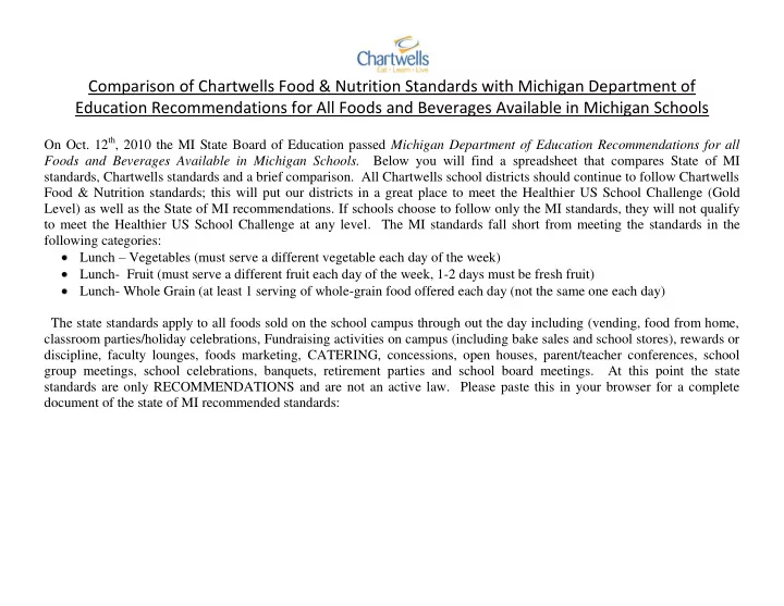 comparison of chartwells food amp nutrition standards