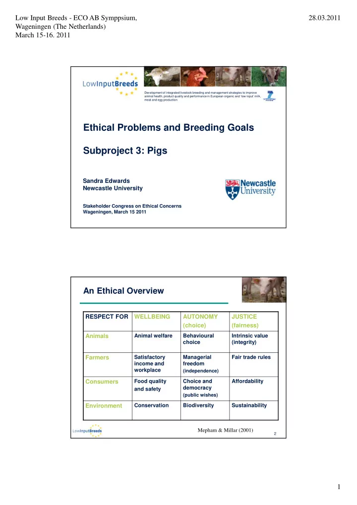 ethical problems and breeding goals subproject 3 pigs