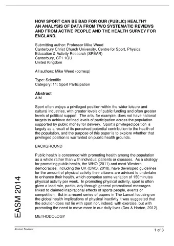 EASM 2014  physical activity per week.  In promoting physical activity, sport is often  given a
