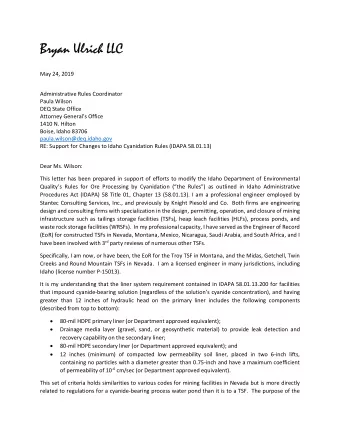 Bryan Ulrich LLC  May 24, 2019  Administrative Rules Coordinator  Paula Wilson  DEQ State Office