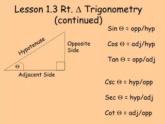 Lesson 1.3 Rt.  Trigonometry  (continued) Sin  = opp/hyp Cos  = adj/hyp  Opposite  Side