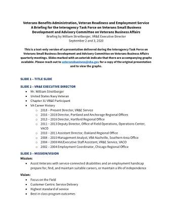 Veterans Benefits Administration, Veteran Readiness and Employment Service  A Briefing for the