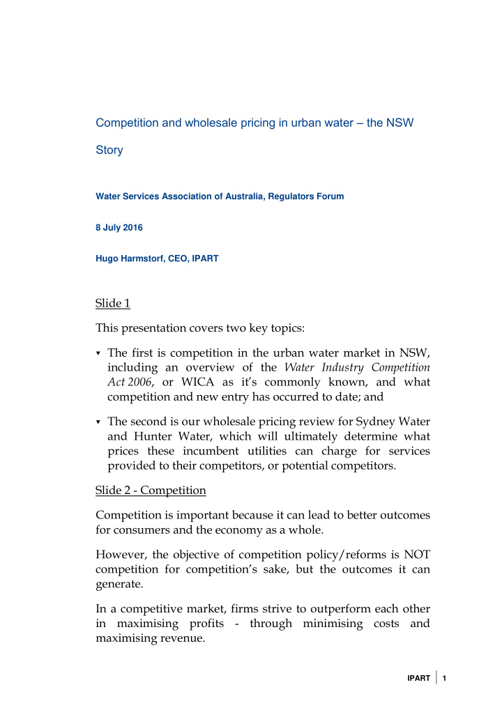 competition and wholesale pricing in urban water the nsw