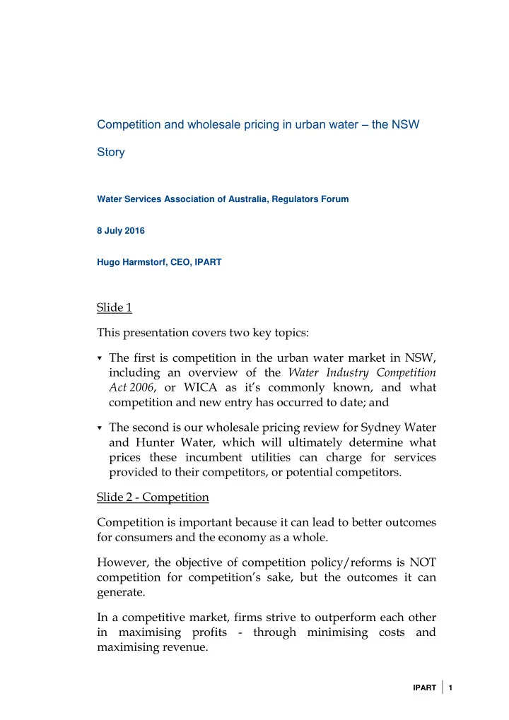 competition and wholesale pricing in urban water the nsw