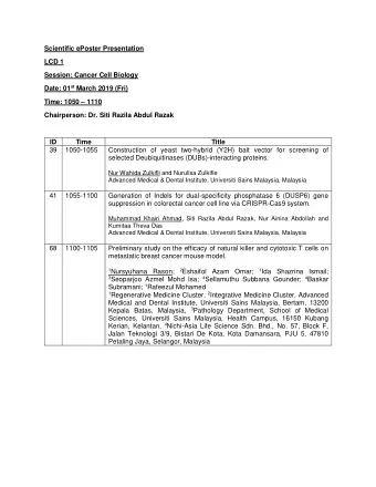 Scientific ePoster Presentation  LCD 1  Session: Cancer Cell Biology Date: 01 st March 2019 (Fri)
