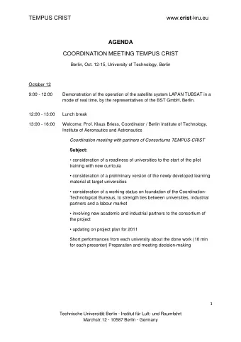 AGENDA  COORDINATION MEETING TEMPUS CRIST  Berlin, Oct. 12-15, University of Technology, Berlin