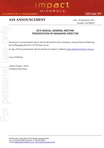 For personal use only  2015  2015 ANNUA  UAL GE  L GENERA  ERAL  L MEE  EETING  TING  PR  PRESENTA