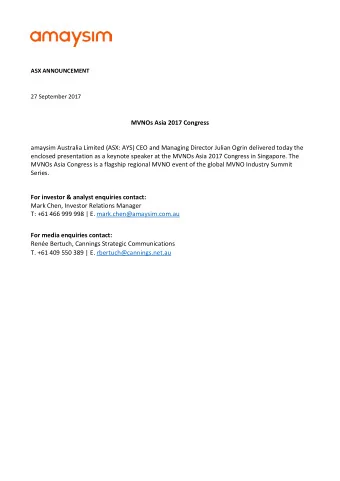 MVNOs Asia 2017 Congress  amaysim Australia Limited (ASX: AYS) CEO and Managing Director Julian