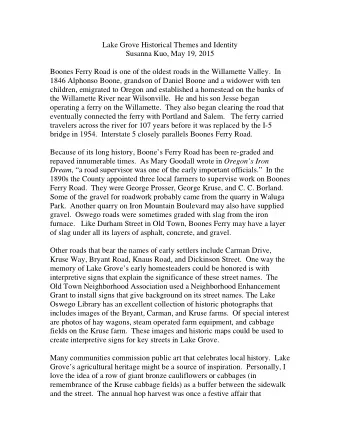 Lake Grove Historical Themes and Identity  Susanna Kuo, May 19, 2015  Boones Ferry Road is one of