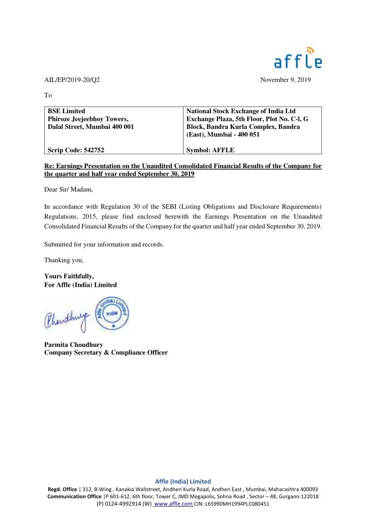ail ep 2019 20 q2 november 9 2019 to bse limited national