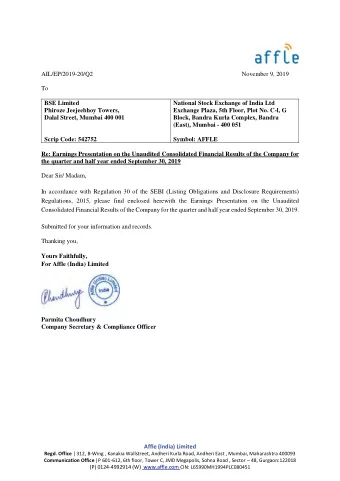 AIL/EP/2019-20/Q2  November 9, 2019  To  BSE Limited  National Stock Exchange of India Ltd  Phiroze