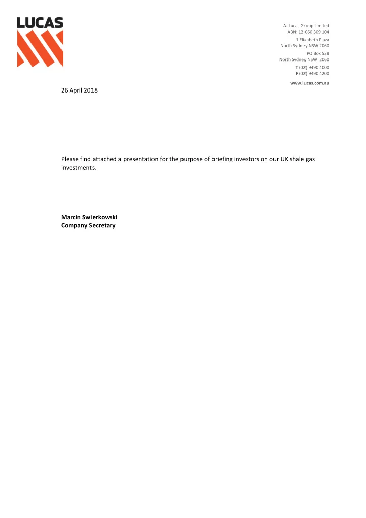 26 april 2018 please find attached a presentation for the