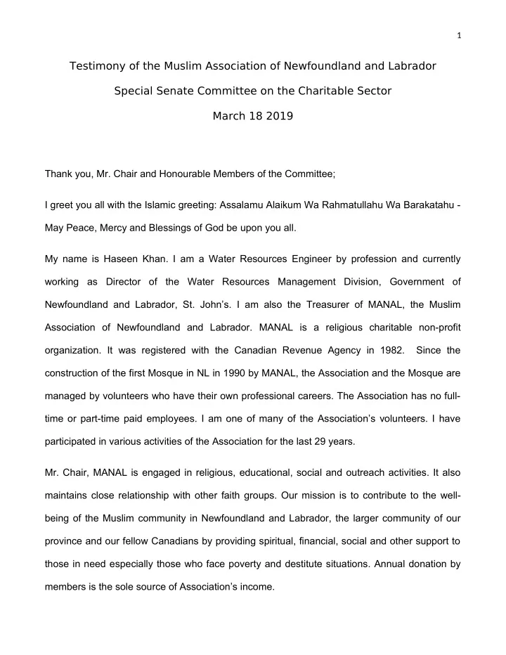 testimony of the muslim association of newfoundland and