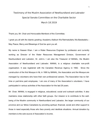 Testimony of the Muslim Association of Newfoundland and Labrador  Special Senate Committee on the