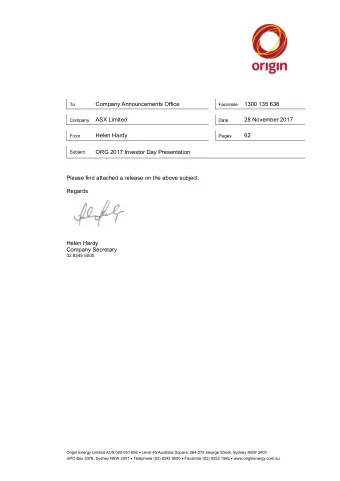 ORG 2017 Investor Day Presentation  Subject  Please find attached a release on the above subject.