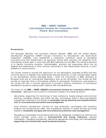 EBN   UNDP/ I DEASS  I nternational Contest for I nnovation 2 0 0 9  Them e: Eco-I nnovations