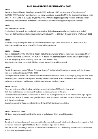 RAM POWERPOINT PRESENTATION 2020  SLIDE 1  Rotarians Against Malaria (RAM) was begun in 1995 and
