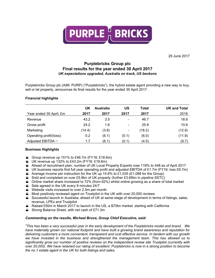 purplebricks group plc final results for the year ended
