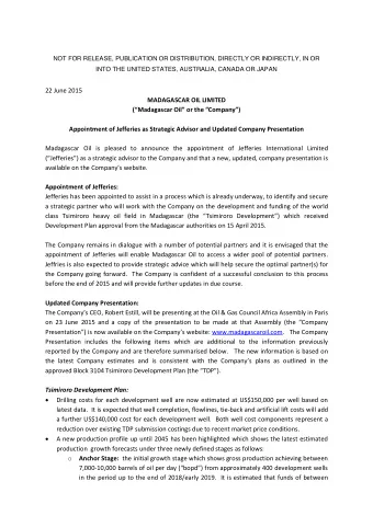 NOT FOR RELEASE, PUBLICATION OR DISTRIBUTION, DIRECTLY OR INDIRECTLY, IN OR  INTO THE UNITED