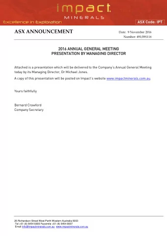 ASX ANNOUNCEMENT  Date:  9 November 2016  Number: 491/091116  2016  2016 ANNUA  UAL GE  L GENERA