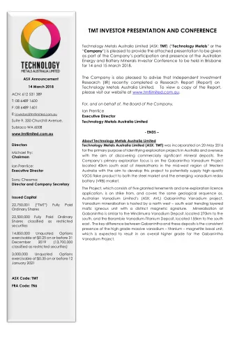 TMT INVESTOR PRESENTATION AND CONFERENCE Technology Metals Australia Limited (ASX: TMT ) (