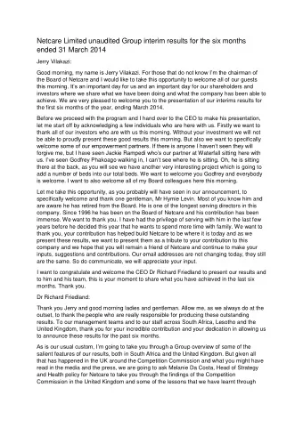 Netcare Limited unaudited Group interim results for the six months  ended 31 March 2014  Jerry