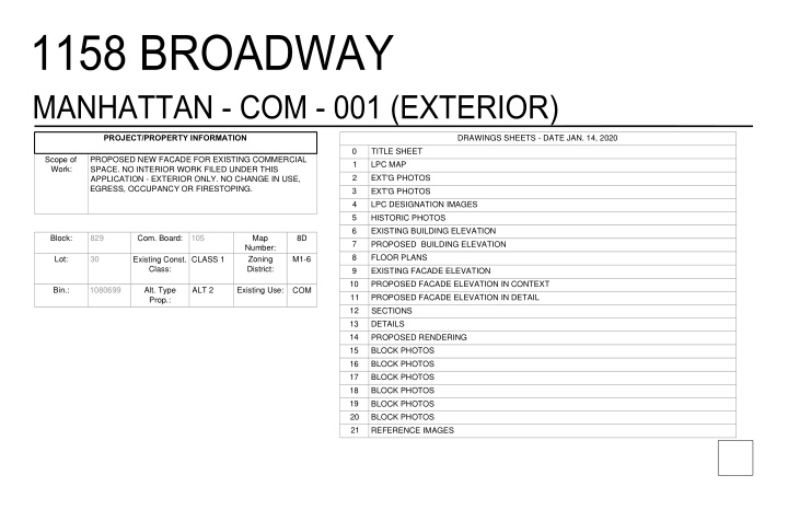 project property information drawings sheets date jan 14