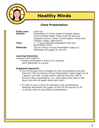 Healthy Minds  Healthy Minds  Class Presentation ELSA Level: Level 4/5 Activity:  Presentation of
