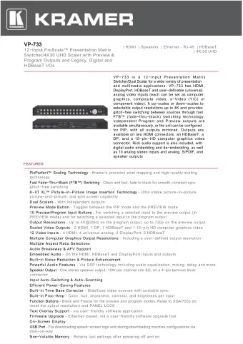 VP-733  | HDMI  | Speakers  | Ethernet - RJ-45  | HDBaseT  12Input ProScale Presentation
