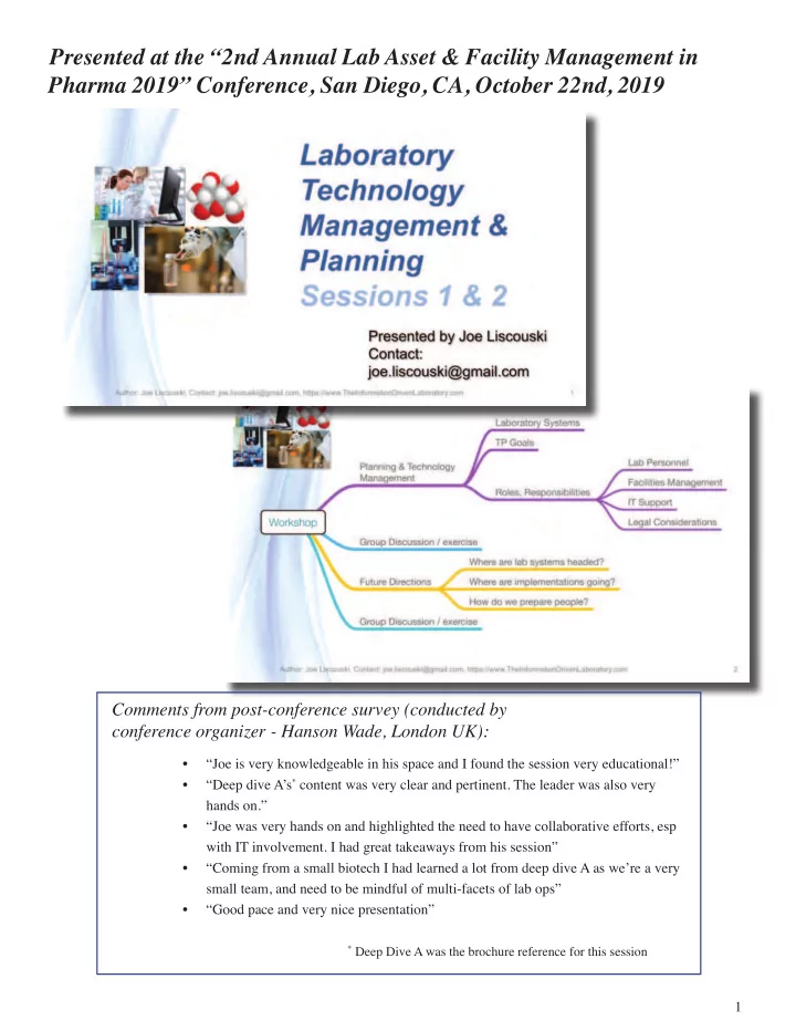 presented at the 2nd annual lab asset facility management